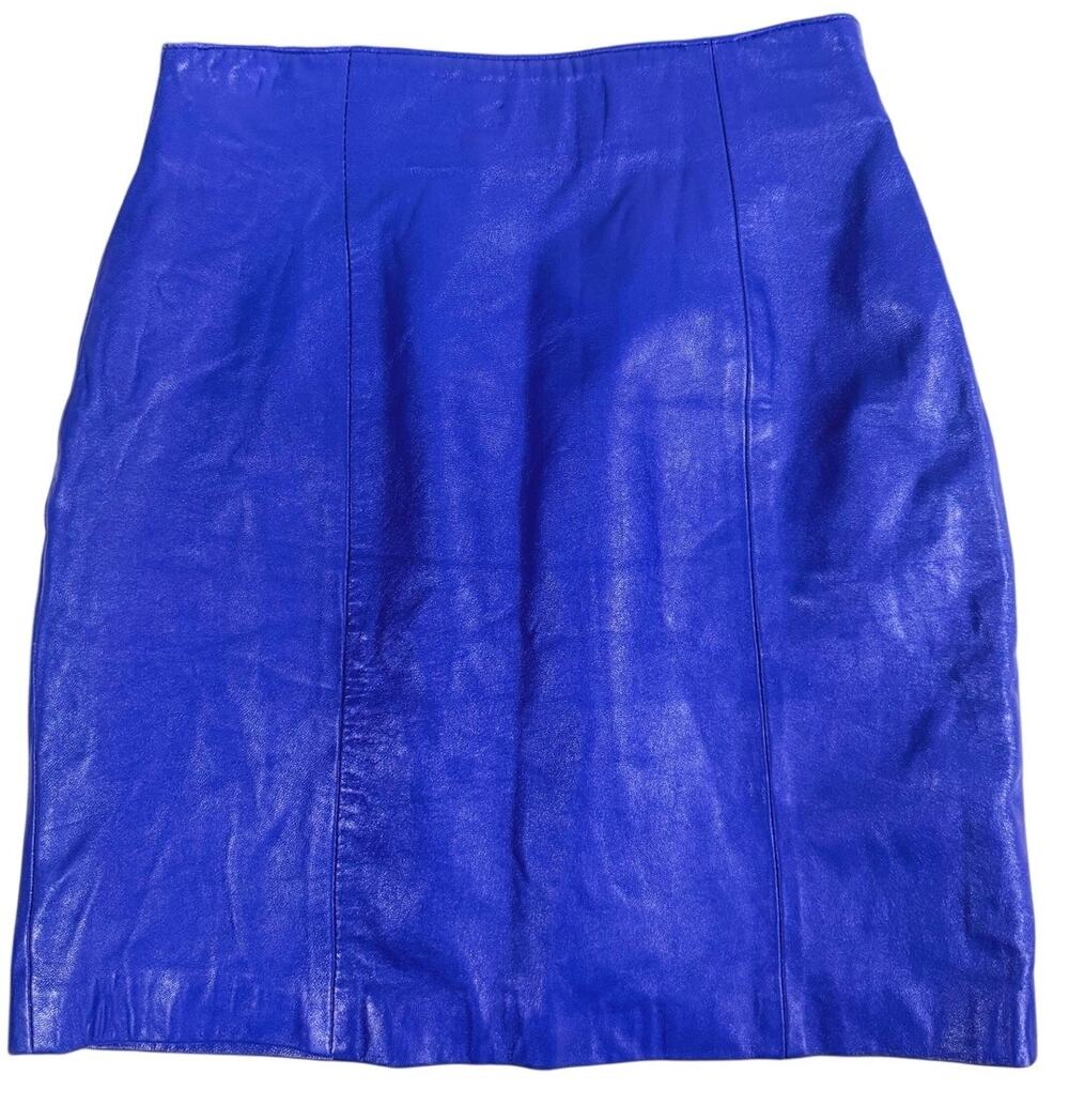 Vintage 90s Tannery West Leather High Waisted Pencil Skirt Size 8 Blue Retro